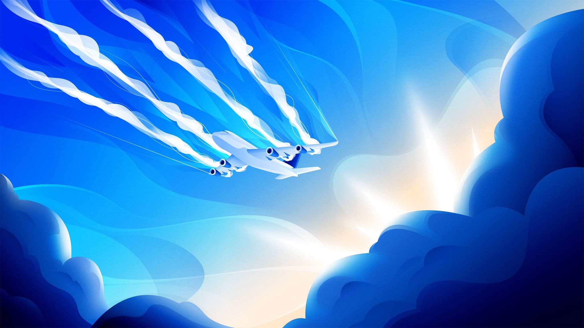 Aircraft emitting gases forward, illustrating a quantum physics concept
