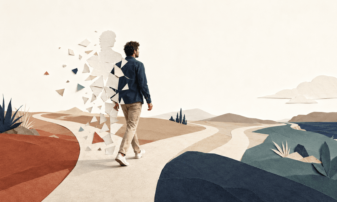 Figure standing in front of diverging paths