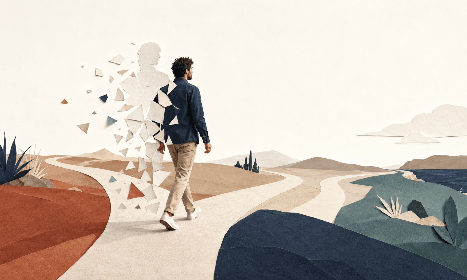 Figure standing in front of diverging paths