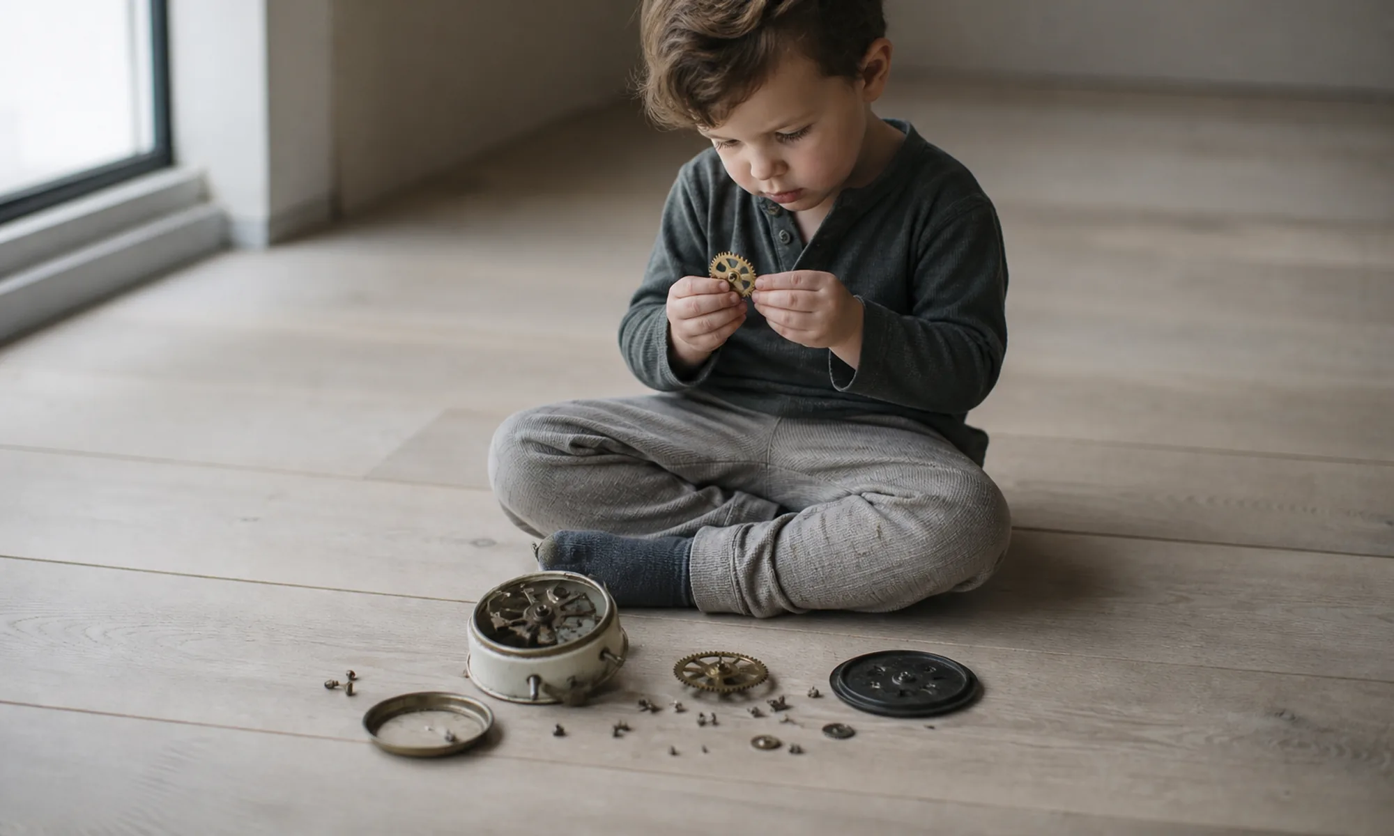 A small child absorbed in taking something apart